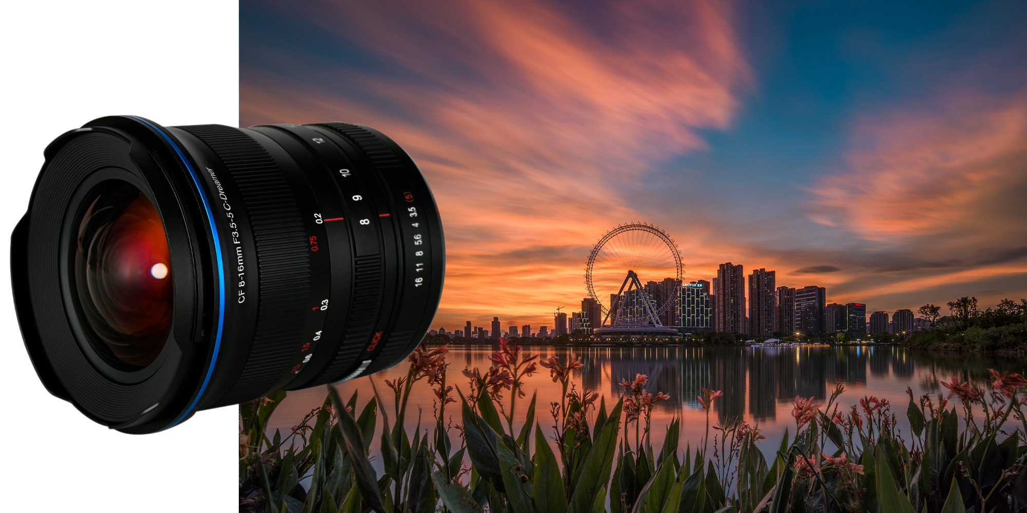 Obiektyw Venus Optics Laowa CF 8-16 mm f/3,5-5 C-Dreamer do Fujifilm X oraz zdjęcie miasta na tle zachodzącego słońca wykonane za jego pomocą